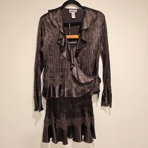 Vintage Y2K Robbie Bee 2 Piece Skirt Set 10 Womens Brown Lace Ruffle Satin 90s